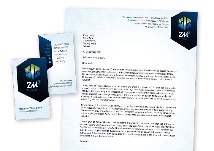 Zii3 Strategy business card and letterhead design